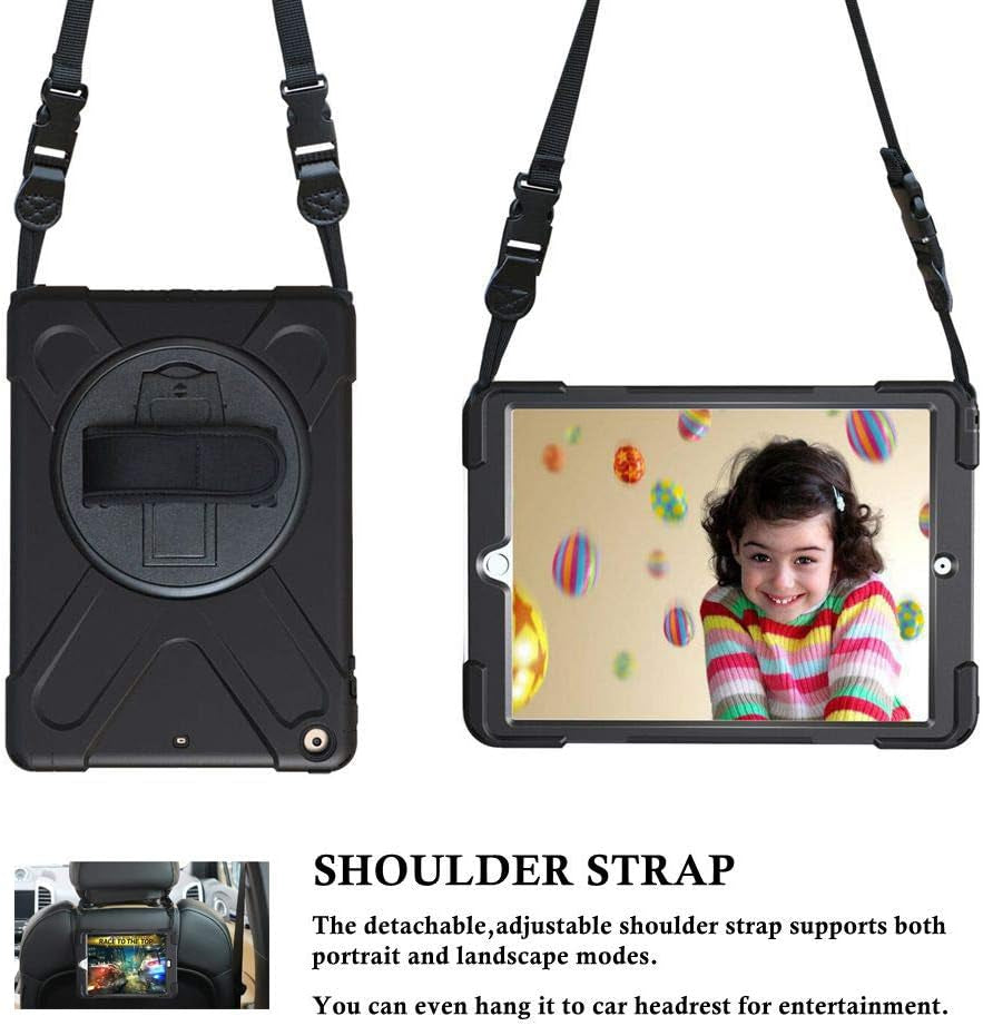 Ipad Air Case 1St Generation 2013, Ipad Air 1 Case Heavy Duty Shockproof, Military Grade Rugged Protective Case W/Rotating Stand Hand Shoulder Strap for Ipad Air 9.7 Inch A1474/A1475/A1476-Black