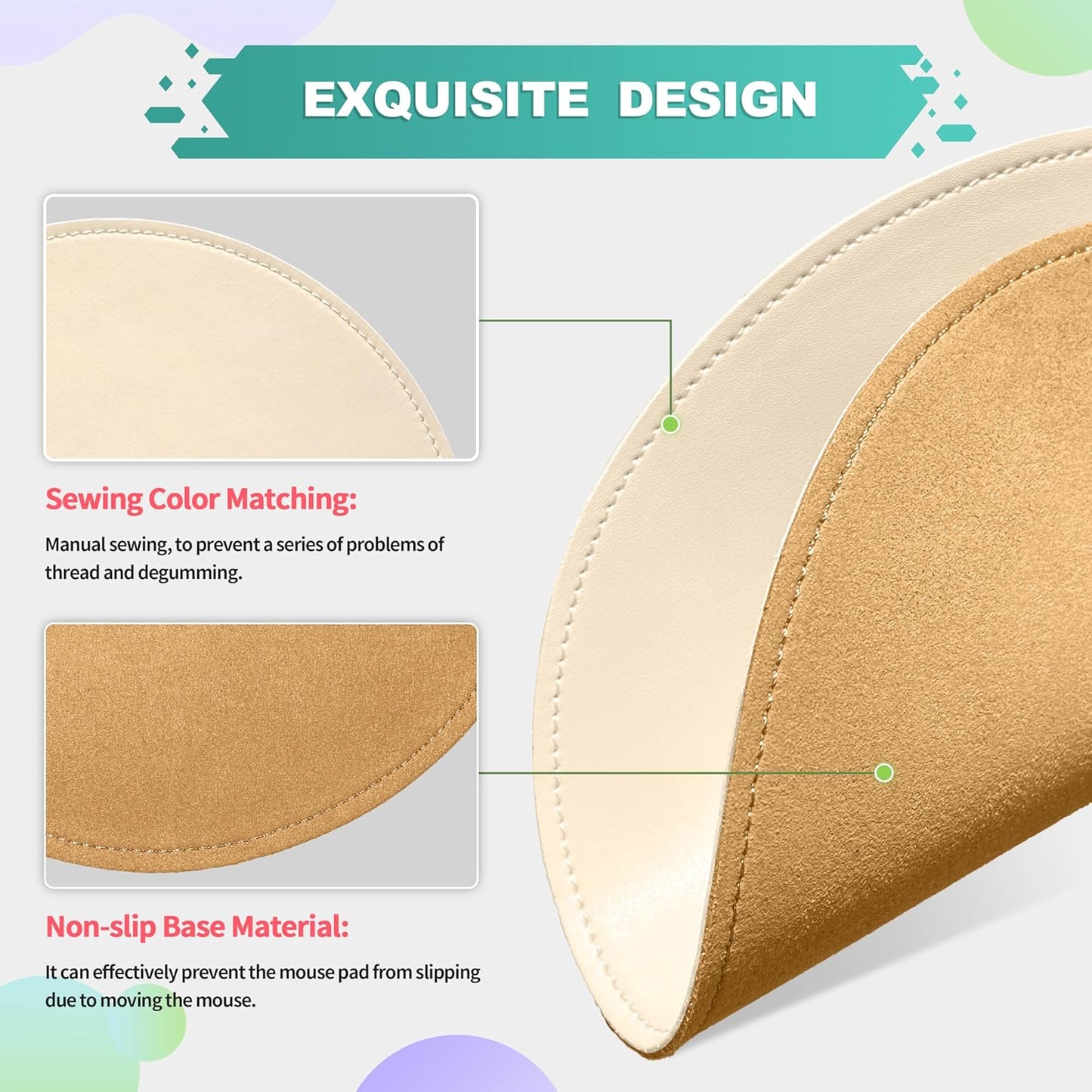 Mouse Pad，Round Mouse Pad，Pu Mouse Pad，Leather Mouse Pad with Stitched Edge Micro-Fiber Base with Non-Slip Waterproof，Mouse Pad for Computers，Laptop，9 X 9 Inch (Milky White)