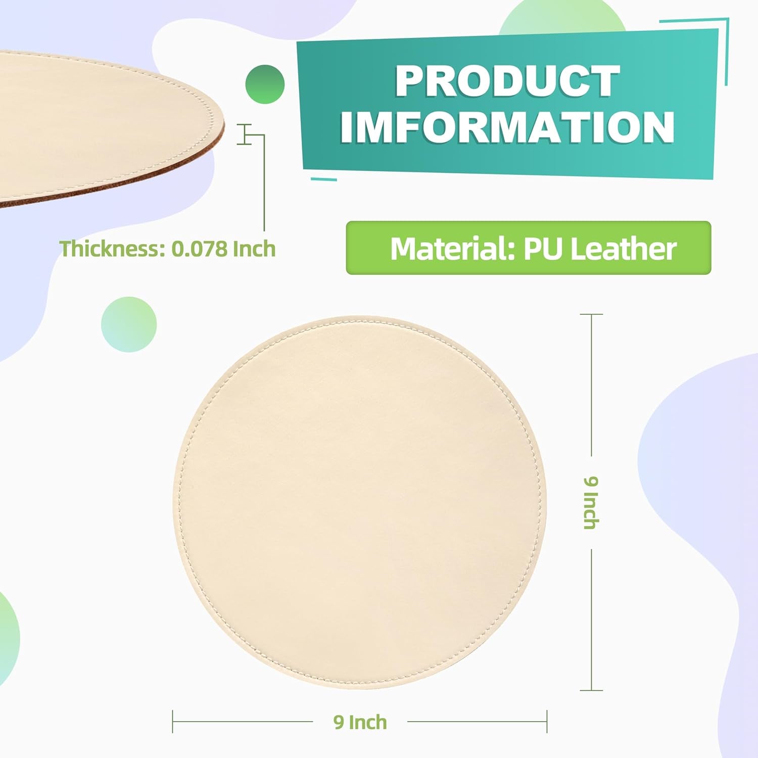 Mouse Pad，Round Mouse Pad，Pu Mouse Pad，Leather Mouse Pad with Stitched Edge Micro-Fiber Base with Non-Slip Waterproof，Mouse Pad for Computers，Laptop，9 X 9 Inch (Milky White)