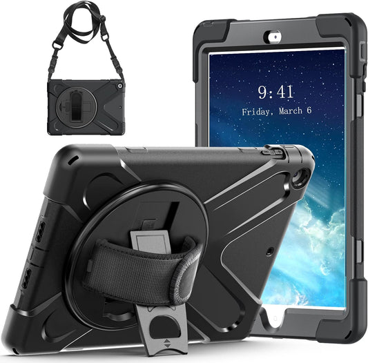 Ipad Air Case 1St Generation 2013,  Ipad Air 1 Case Heavy Duty Shockproof, Military Grade Rugged Protective Case W/Rotating Stand Hand Shoulder Strap for Ipad Air 9.7 Inch A1474/A1475/A1476-Black
