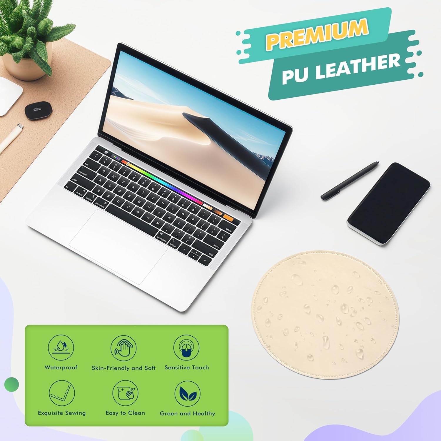 Mouse Pad，Round Mouse Pad，Pu Mouse Pad，Leather Mouse Pad with Stitched Edge Micro-Fiber Base with Non-Slip Waterproof，Mouse Pad for Computers，Laptop，9 X 9 Inch (Milky White)